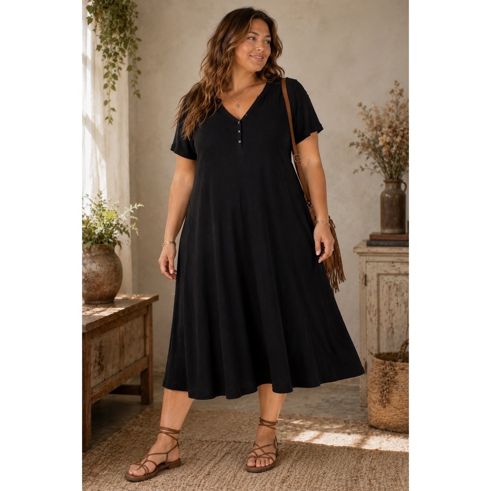 Lauren Ralph Lauren Black Thermal Henley Midi Dress Short Sleeve XL